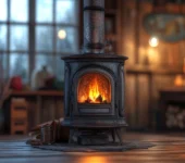 Cozy cabin interior with a wood-burning stove, comparing pellet and wood stoves for home heating.