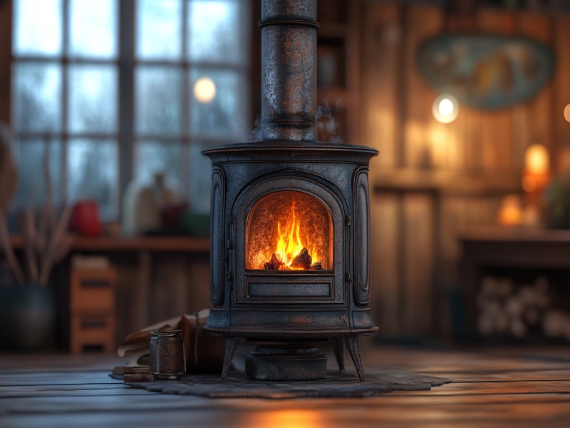 Cozy cabin interior with a wood-burning stove, comparing pellet and wood stoves for home heating.