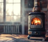 A vintage potbelly stove with a glowing fire inside, set in a rustic room with exposed brick walls and large windows, creating a nostalgic and cozy ambiance.