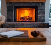 Cozy living room with a burning fireplace, illustrating the role of log set burner orifices.