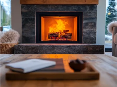 Cozy living room with a burning fireplace, illustrating the role of log set burner orifices.