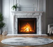 Elegant marble fireplace in a modern living room, highlighting the importance of a chimney chase cover.