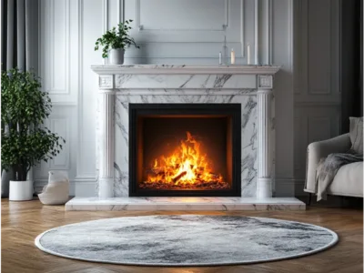 Elegant marble fireplace in a modern living room, highlighting the importance of a chimney chase cover.