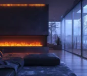 A sleek modern living room with a glowing linear fireplace, viewed during twilight hours.