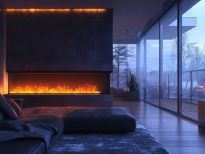 A sleek modern living room with a glowing linear fireplace, viewed during twilight hours.