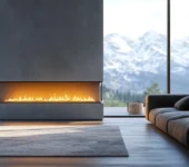 Modern living room with a sleek gas fireplace, showcasing one of the three types of fireplaces.