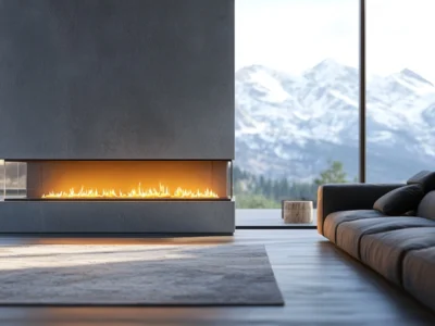 Modern living room with a sleek gas fireplace, showcasing one of the three types of fireplaces.