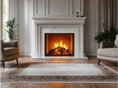 Elegant living room with a large indoor fireplace, showcasing professional fire-lighting techniques.