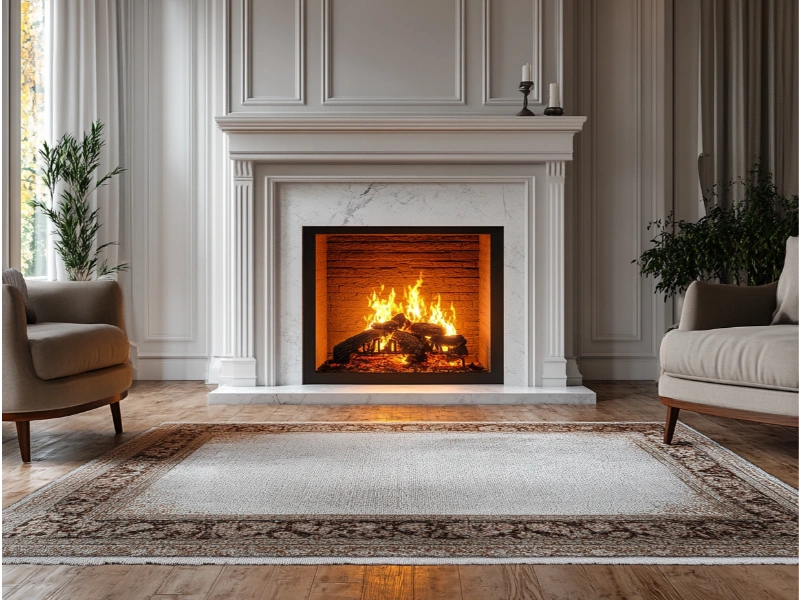 Elegant living room with a large indoor fireplace, showcasing professional fire-lighting techniques.