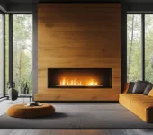 A modern living room featuring a sleek gas fireplace surrounded by warm wooden paneling.