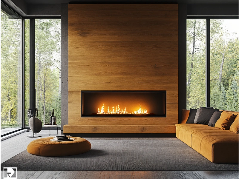 A modern living room featuring a sleek gas fireplace surrounded by warm wooden paneling.