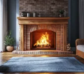 A cozy living room featuring a traditional brick fireplace with a chimney with a bright fire burning inside, surrounded by warm wooden floors, a soft rug, and natural light from large windows.