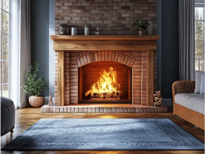 A cozy living room featuring a traditional brick fireplace with a chimney with a bright fire burning inside, surrounded by warm wooden floors, a soft rug, and natural light from large windows.