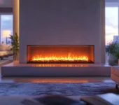 Modern linear fireplace glowing warmly, highlighting the importance of rating plates for safety.