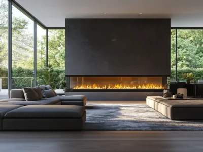 A contemporary living room featuring a sleek, linear gas fireplace with vibrant flames set against a dark, minimalist wall. The room is furnished with modern, low-profile seating and a plush area rug. Large floor-to-ceiling windows provide a stunning view of lush greenery, creating a seamless blend of indoor and outdoor spaces. Propane Gas Setup in Pennsylvania