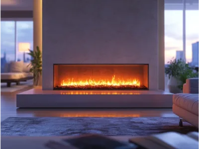 Modern linear fireplace glowing warmly, highlighting the importance of rating plates for safety.