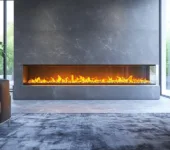 A modern fireplace in a contemporary room, modeling unparalleled safety in the fireplace space.