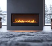 A sleek, modern living room featuring a linear gas fireplace with vibrant flames set within a dark, minimalist surround. The room is accented by large floor-to-ceiling windows showcasing a snowy outdoor scene, creating a cozy and inviting atmosphere. A plush rug adds warmth and texture to the space.