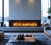 A modern fireplace in a luxurious living room, featuring a sleek horizontal gas fireplace with vibrant flames. The space is illuminated with soft lighting, and the surrounding furniture creates a cozy, elegant atmosphere. Large windows showcase a snowy outdoor scene, enhancing the ambiance.