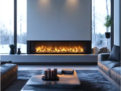 A modern fireplace in a luxurious living room, featuring a sleek horizontal gas fireplace with vibrant flames. The space is illuminated with soft lighting, and the surrounding furniture creates a cozy, elegant atmosphere. Large windows showcase a snowy outdoor scene, enhancing the ambiance.