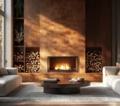 Modern living room with a fireplace and stacked firewood, exploring the fastest wood to season.