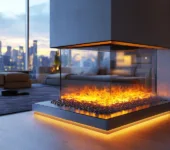 A modern fireplace in a contemporary home. Three-sided glass cube fireplace containing realistic flames on top of aesthetically pleasing vermiculite, inside and out.