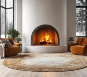 A cozy living room with a large arched fireplace with chimney, two plush orange chairs, and large windows offering a snowy outdoor view, creating a warm and inviting atmosphere.