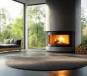 Bright living space featuring am modern curved wood burning fireplace and logs, highlighting the best firewood trees.