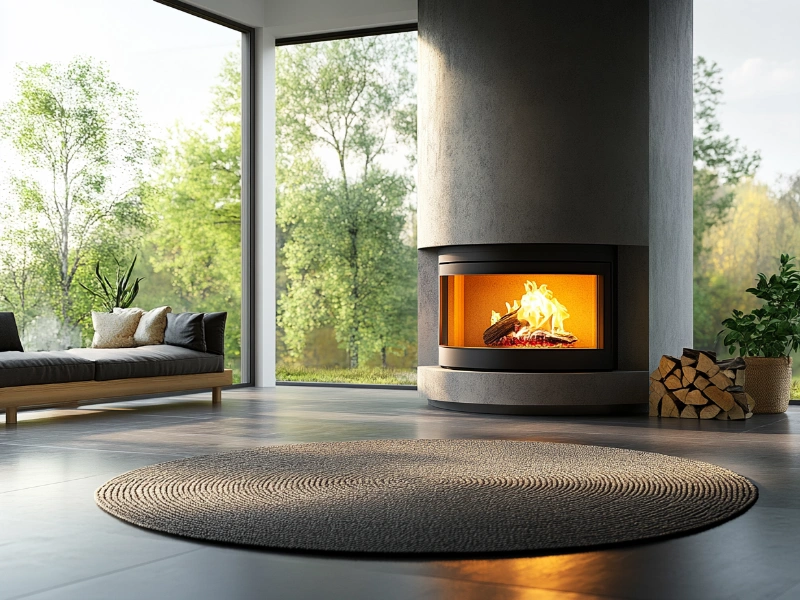 Bright living space featuring am modern curved wood burning fireplace and logs, highlighting the best firewood trees.