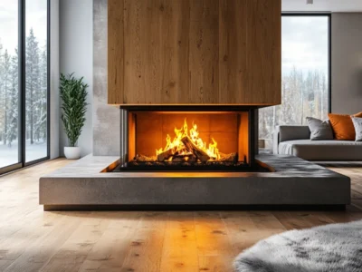 Modern living room with a central fireplace and visible chimney, highlighting their differences.