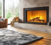 Modern living room with a fireplace burning aromatic firewood, exploring the best-smelling options.