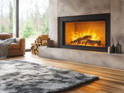 Modern living room with a fireplace burning aromatic firewood, exploring the best-smelling options.