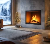 A cozy living room with a modern fireplace burning brightly, framed by a sleek chimney structure.