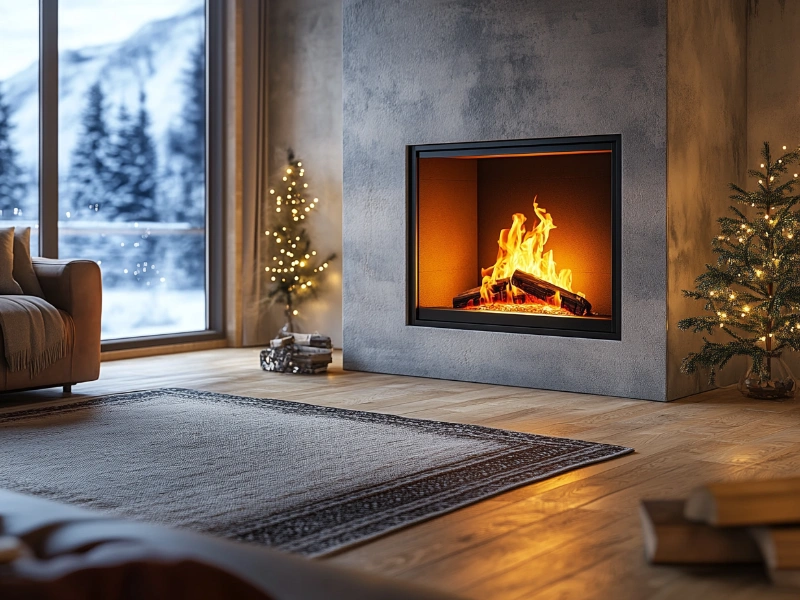 A cozy living room with a modern fireplace burning brightly, framed by a sleek chimney structure.