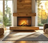 Cozy living room with a wooden fireplace, showcasing a clean chimney where birds have been safely removed, framed by large windows with natural light.