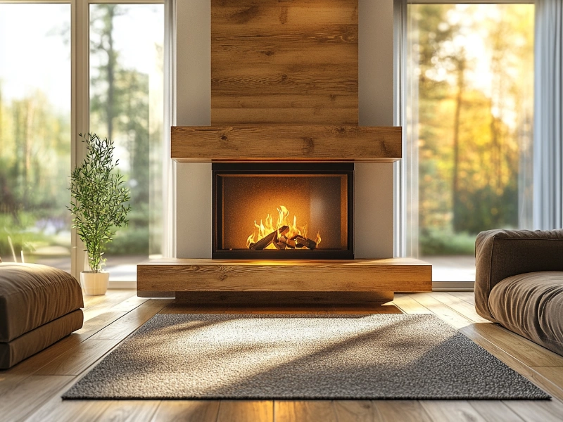 Cozy living room with a wooden fireplace, showcasing a clean chimney where birds have been safely removed, framed by large windows with natural light.