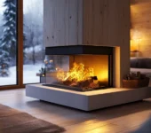 A modern corner fireplace with a glass surround, burning brightly in a cozy living room with wooden walls, a snowy winter landscape visible through large windows, and warm ambient lighting.