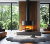 Modern living room with a sleek fireplace and chimney, showcasing its key components.