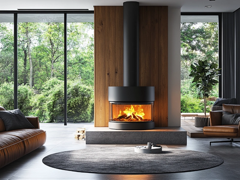 Modern living room with a sleek fireplace and chimney, showcasing its key components.