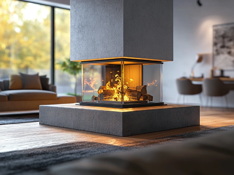 A custom fireplace in the middle of a modern living room designed using exact dimensions to lay in the exact center of the room and peaked ceiling above. 