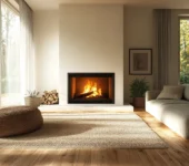 Warm fire burning in a modern fireplace with a repointed chimney.