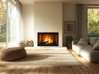 Warm fire burning in a modern fireplace with a repointed chimney.