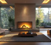 A modern living room with a gas fireplace featuring a glowing log set, surrounded by minimalistic furniture, large windows with a view of nature, and warm ambient lighting.