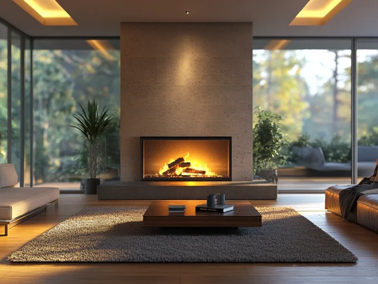 A modern living room with a gas fireplace featuring a glowing log set, surrounded by minimalistic furniture, large windows with a view of nature, and warm ambient lighting.