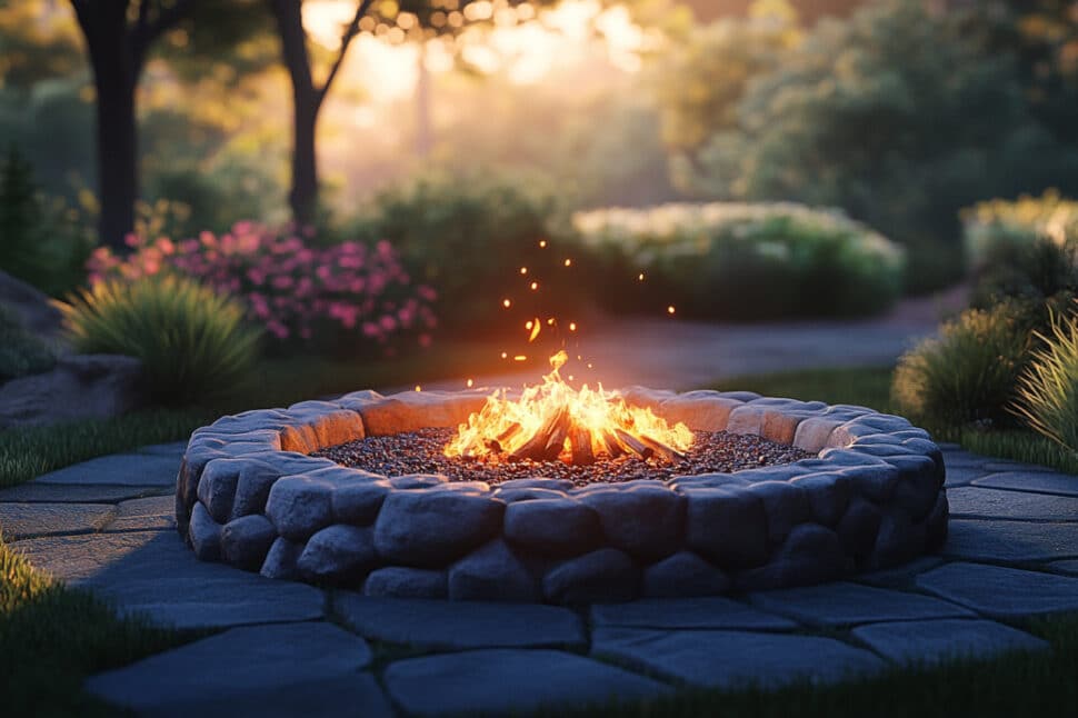 Large stone firepit designed to be part of a stone sidewalk in large outdoor garden.