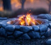 Rustic outdoor stone fireplace with a bright fire, illustrating DIY building techniques.