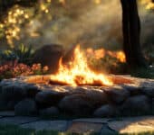 A stone fire pit with bright flames in a peaceful outdoor setting, surrounded by greenery and trees, with soft sunlight filtering through, creating a warm and inviting atmosphere.