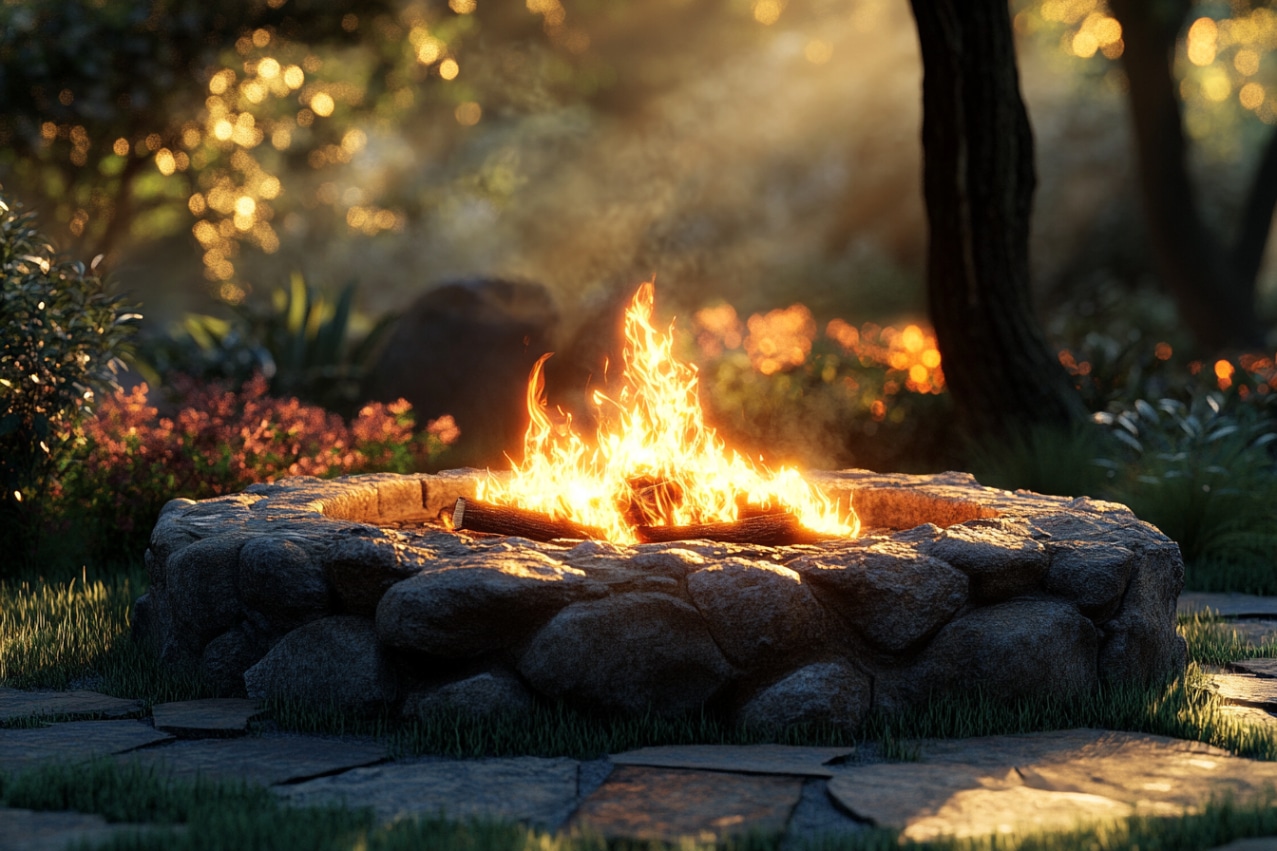 A stone fire pit with bright flames in a peaceful outdoor setting, surrounded by greenery and trees, with soft sunlight filtering through, creating a warm and inviting atmosphere.