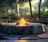 Stone outdoor fireplace in a lush backyard, showcasing modern design inspiration.