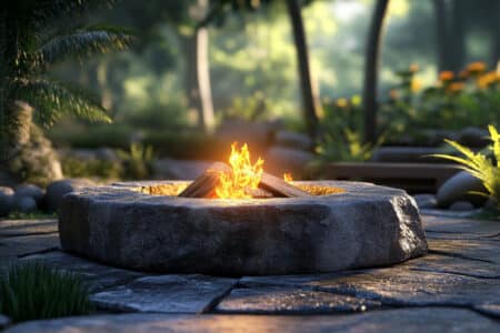 Stone outdoor fireplace in a lush backyard, showcasing modern design inspiration.